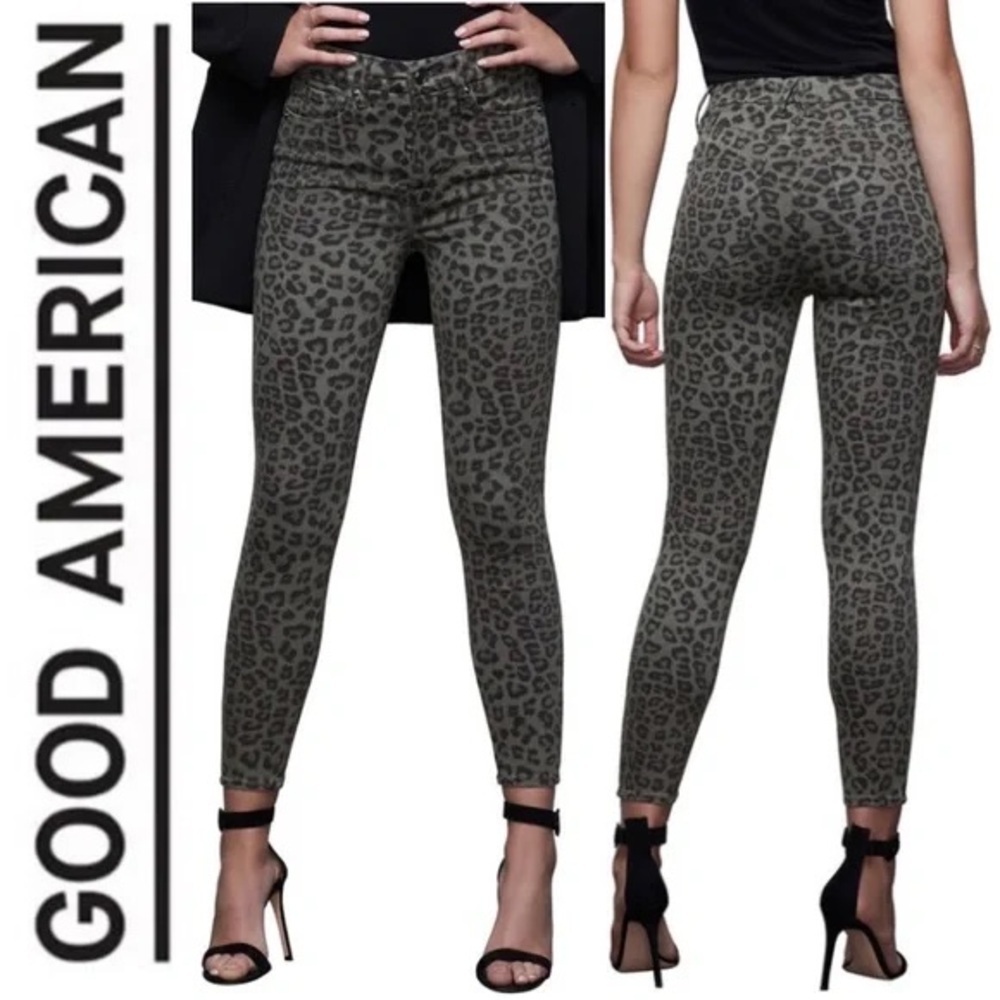 NWT Good American Good Waist Crop Jeans Green Olive Leopard Animal Sz 14 32